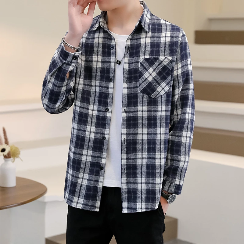 春秋新款棉质格子衬衣男士长袖免烫中青年休闲经典百搭衬衫ins风