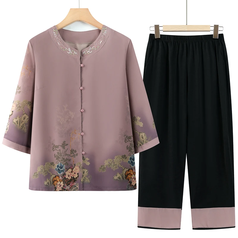 中老年女装夏装国风套装妈妈装夏季薄款宽松老人衣服老太太两件套