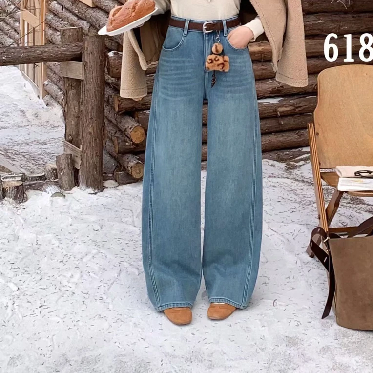 银弟～～冬季新款百搭复古加绒弯刀牛仔裤