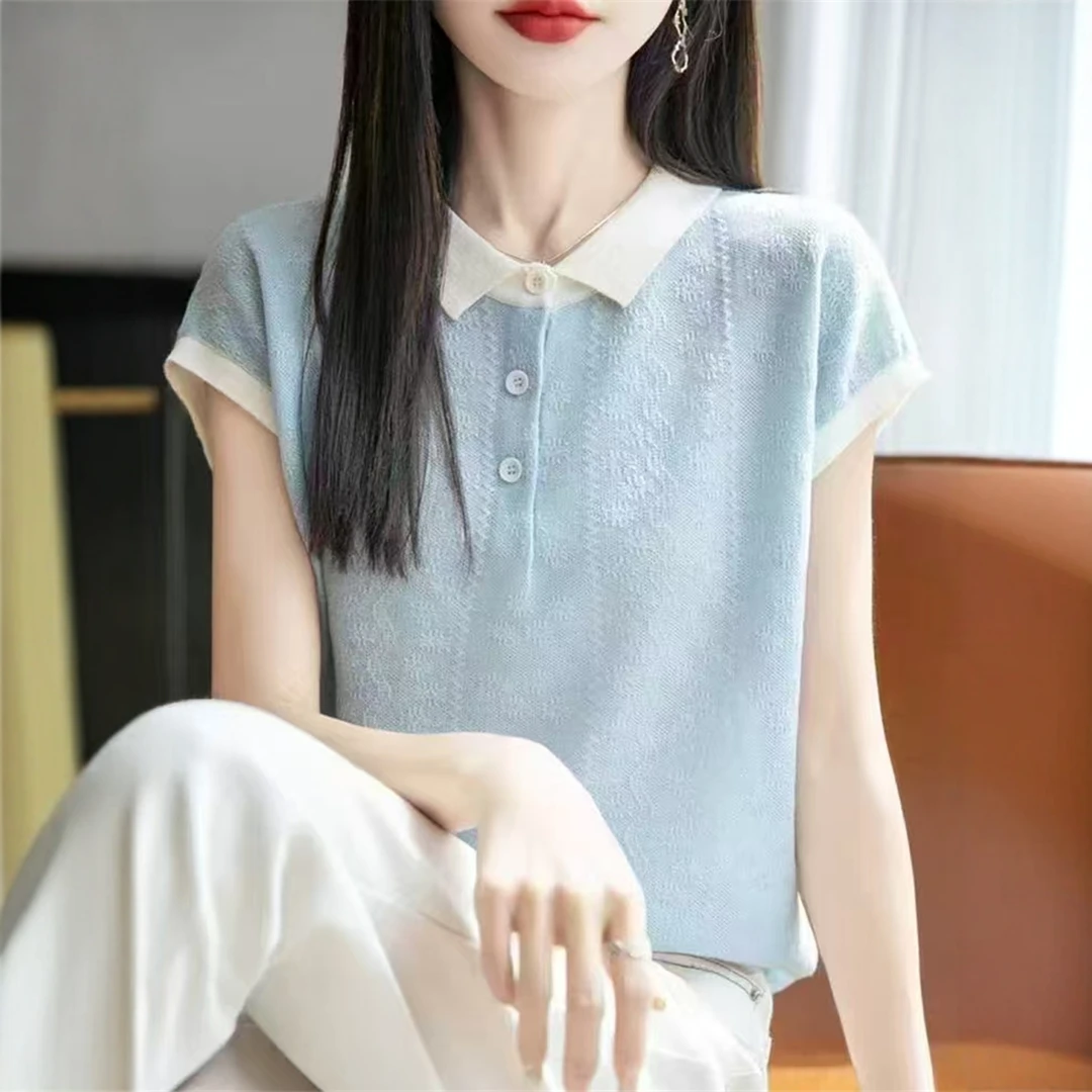 夏季薄款蓝色polo衫女士短袖t恤女2025新款针织冰丝独特短款上衣
