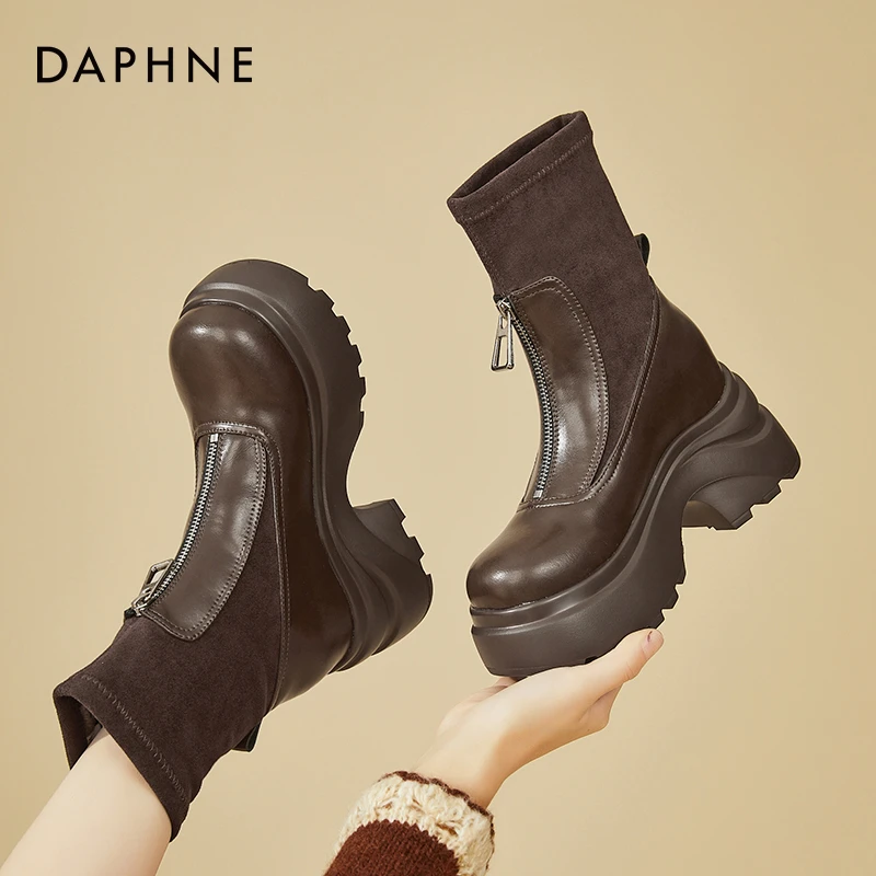 Daphne/达芙妮炸街厚底弹力袜靴女英伦风瘦瘦靴加绒小短靴马丁靴