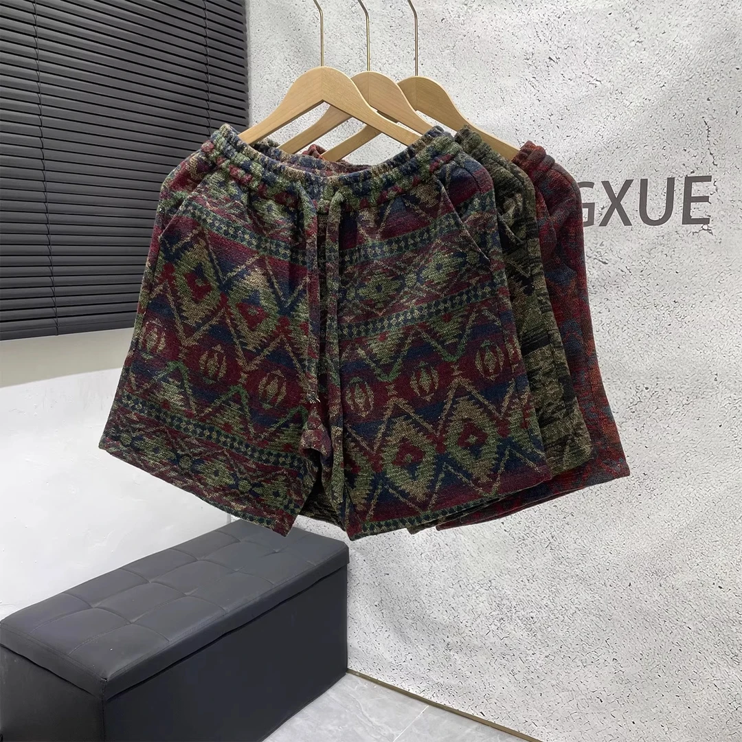 针织脏脏风短裤男夏季民族风提花过膝五分裤休闲痞帅oversize中裤