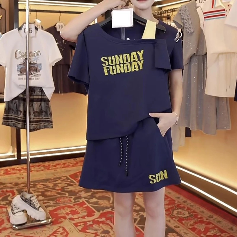 韩版字母撞色斜肩T恤半身裙套装2026夏季新款时尚气质休闲两件套