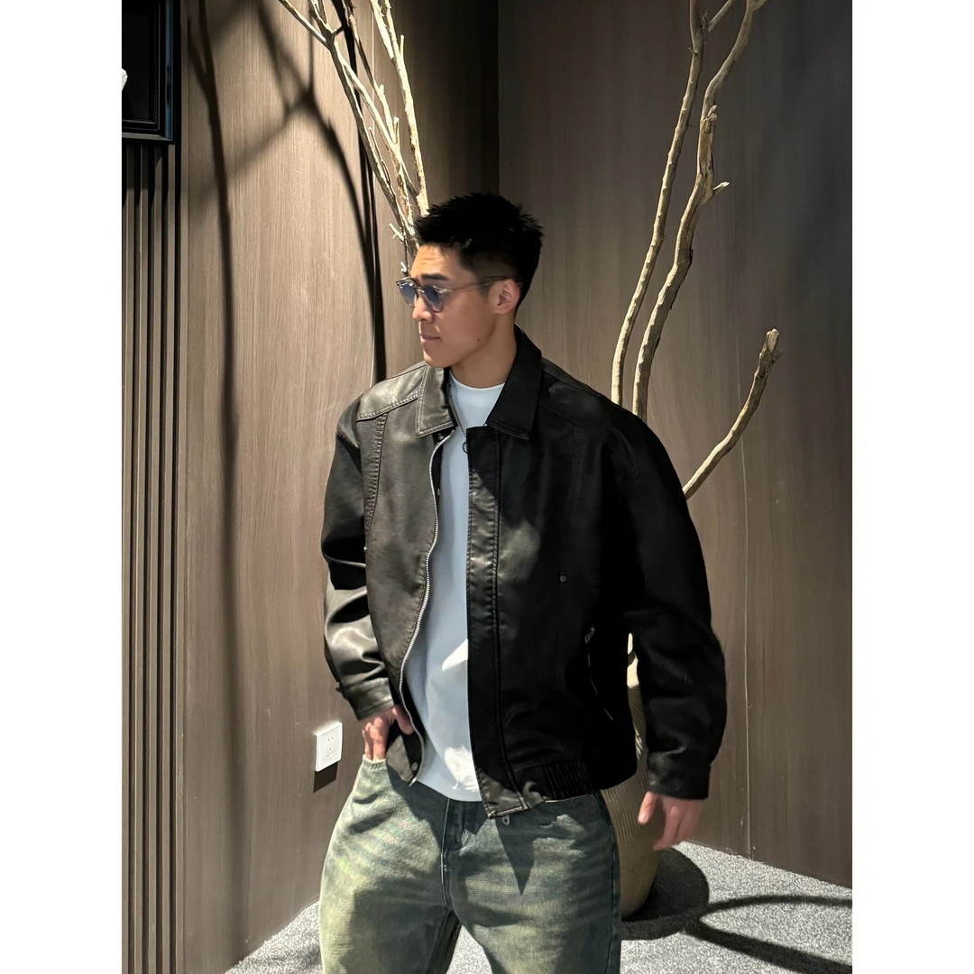 【ZQ】春秋款男士翻领美式痞帅蛋白皮复古百搭情侣皮衣外套66715