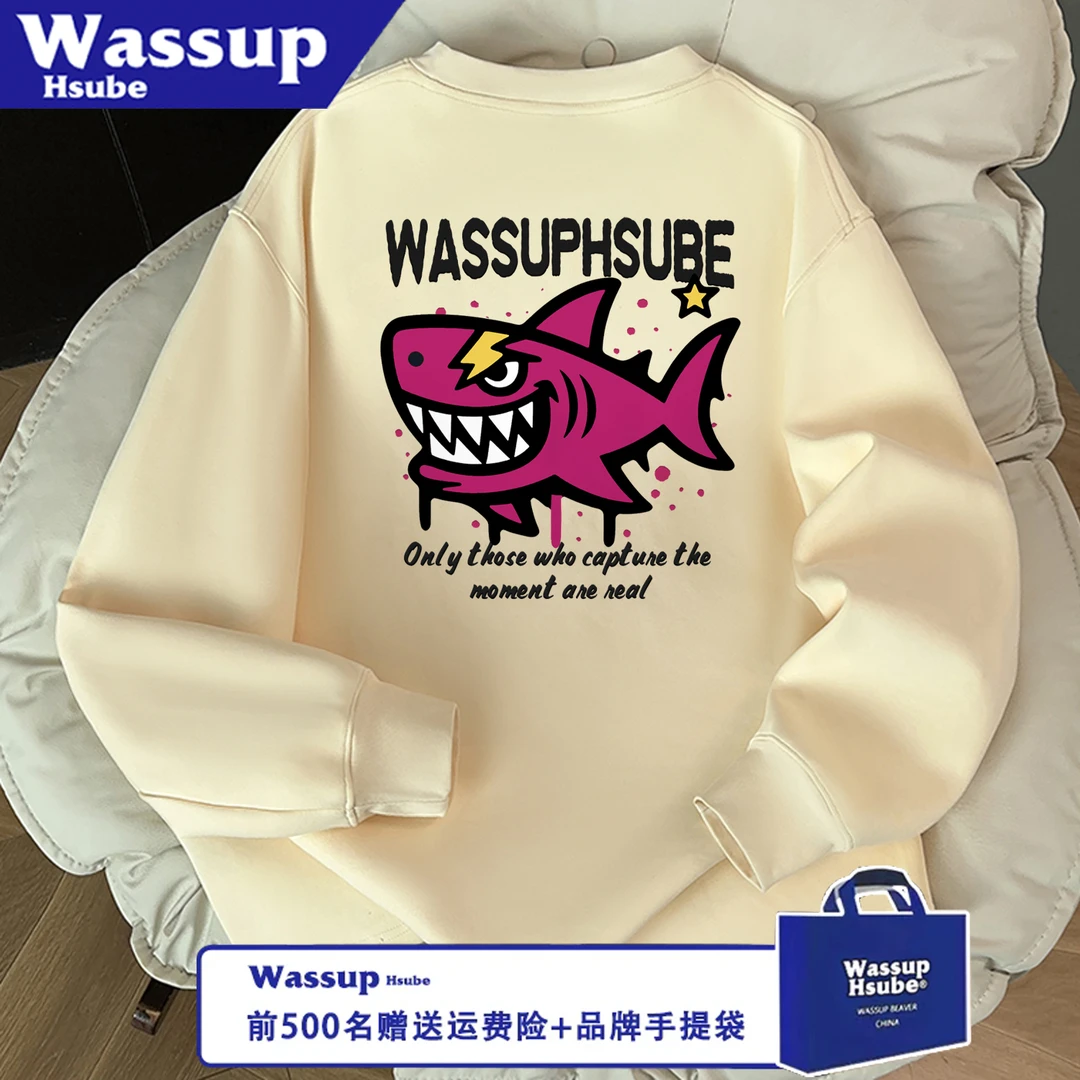 WASSUP HSUBE潮流长袖秋冬美式百搭卡通鲨鱼字母宽松印花情侣上衣