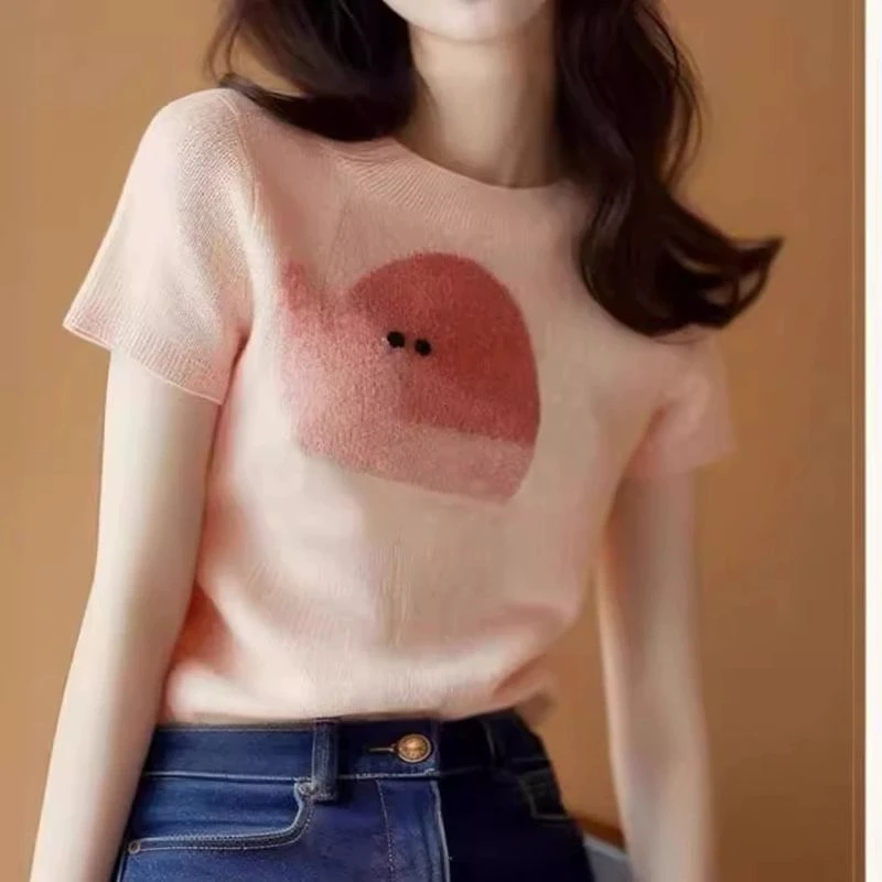 哥弟阿玛施正新款时尚百搭设计感小众绝美粉色冰丝针织衫短袖T恤