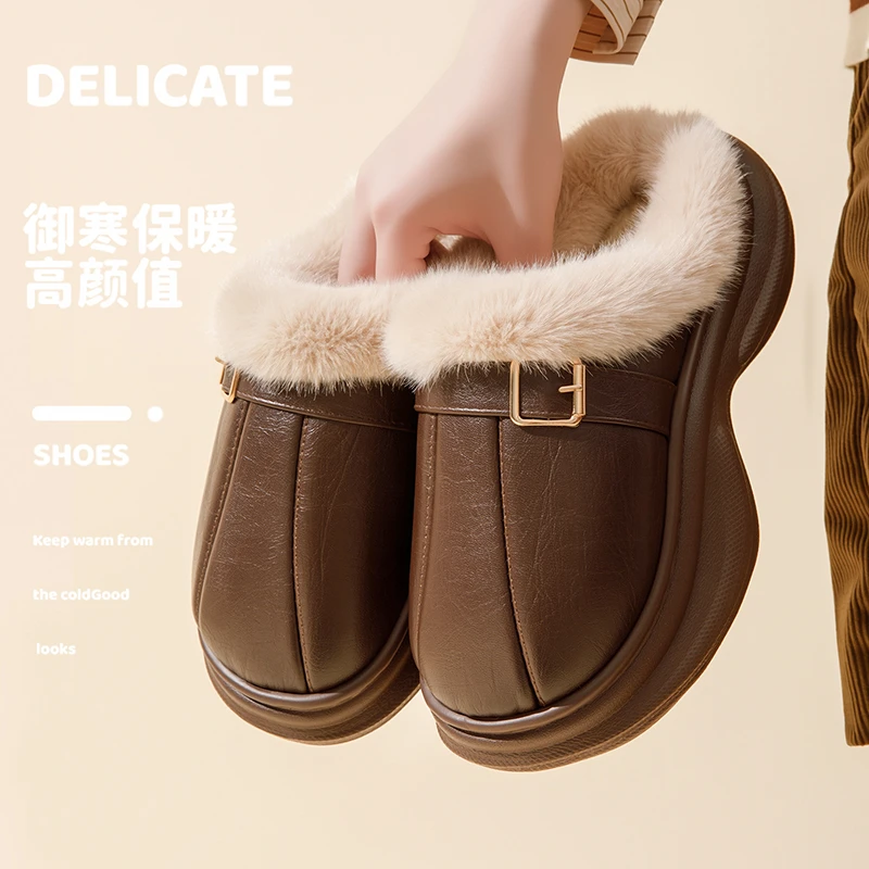厚底高跟棉拖鞋女居家2025新款PU皮防水拖鞋冬季保暖外穿增高百搭