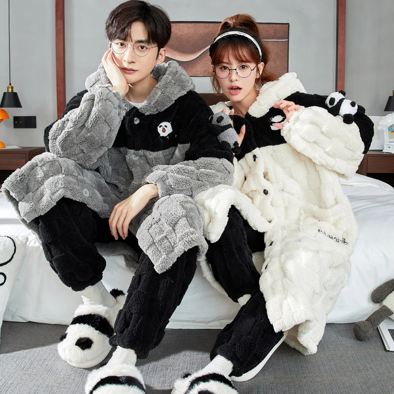秋冬款情侣睡袍女珊瑚绒长款卡通熊猫睡衣男法兰绒家居服冬季套装