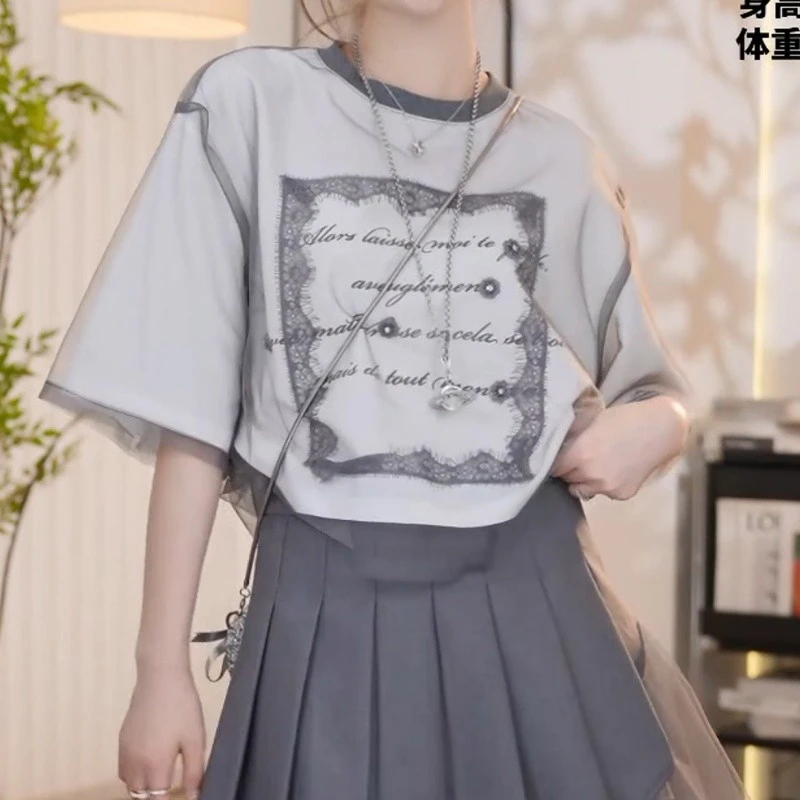 小众时尚短袖上衣2025新款夏季网纱时尚百搭宽松显瘦假两件T恤