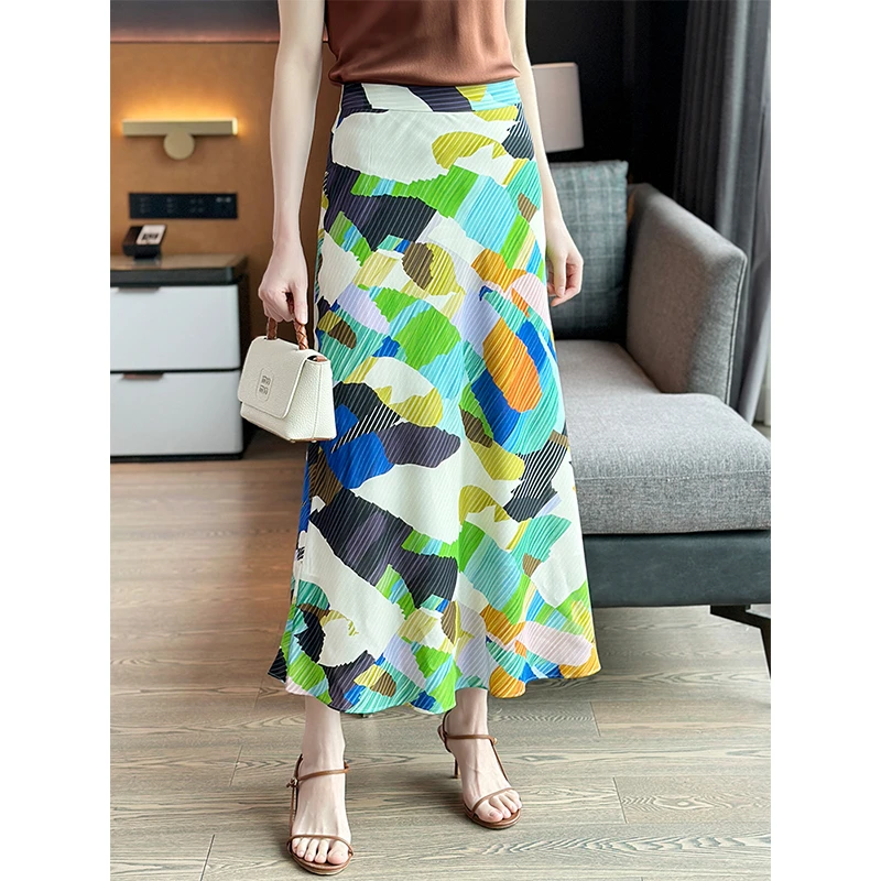 左左家 绚丽色彩感~几何印花斜裁显瘦真丝半身裙气质桑蚕丝A字裙