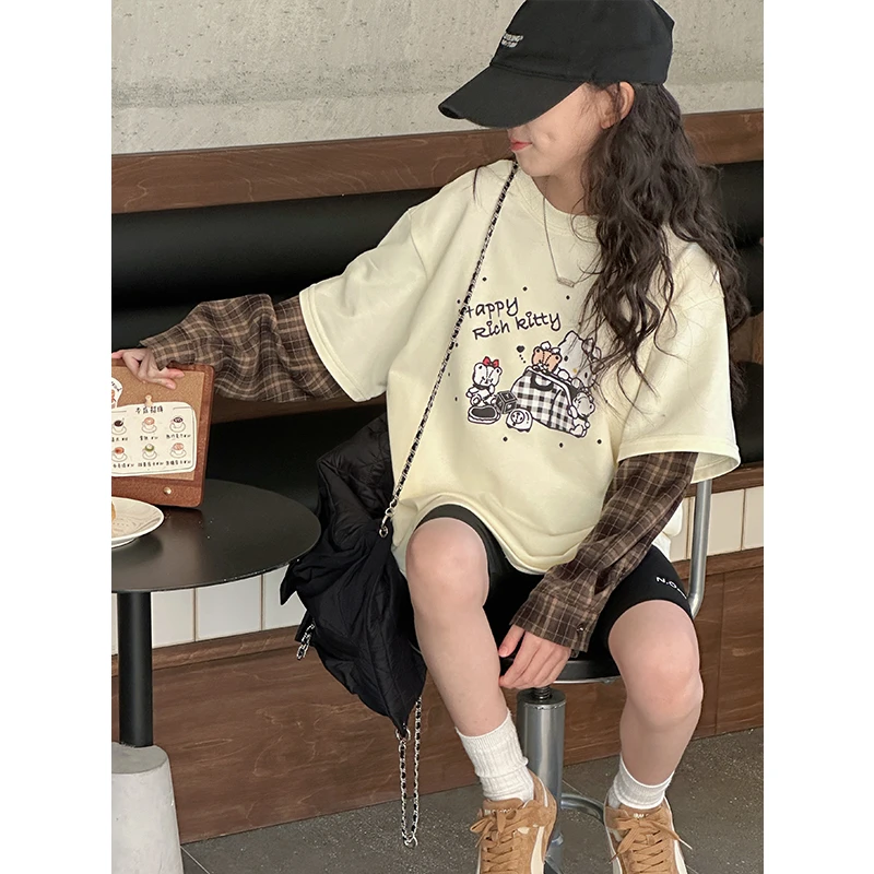 K28048假两件女童长袖T恤2025春装新款儿童上衣春秋时尚大童打底t