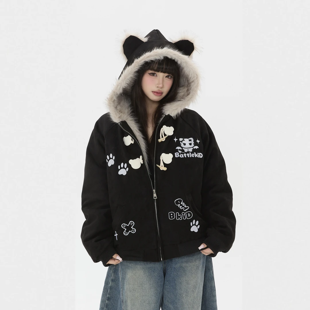 【零碎岛屿】国潮原创猫咪刺绣座山雕毛领棉服男女冬季麂皮绒外套