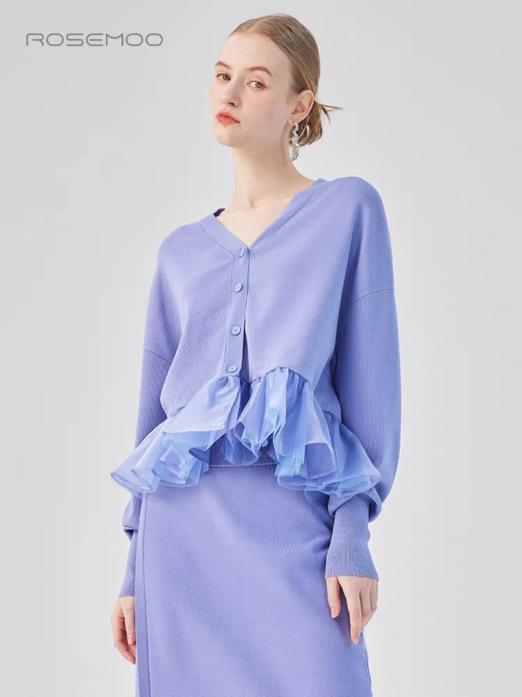 容子木ROSEMOO25年春季新款亲肤毛织拼接纱质下摆开衫RSS1NP275B