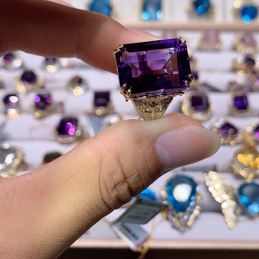 银S925镀金镶嵌戒指水晶