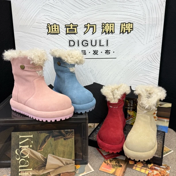 【迪古力】2026冬新款磨砂皮大头雪地靴女加绒保暖厚底毛毛棉靴柒
