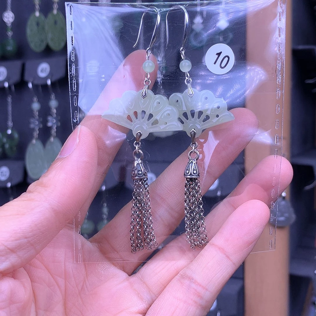 和田玉银S925镶嵌耳饰沅*