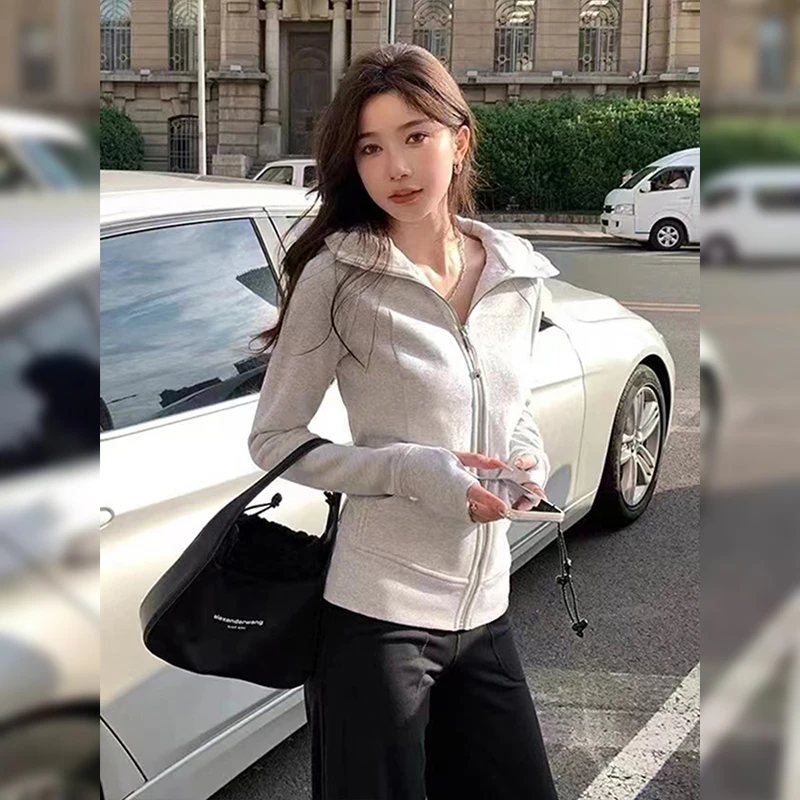 灰色修身短款连帽拉链卫衣外套女秋冬季爆款2025新款上衣青岛即墨