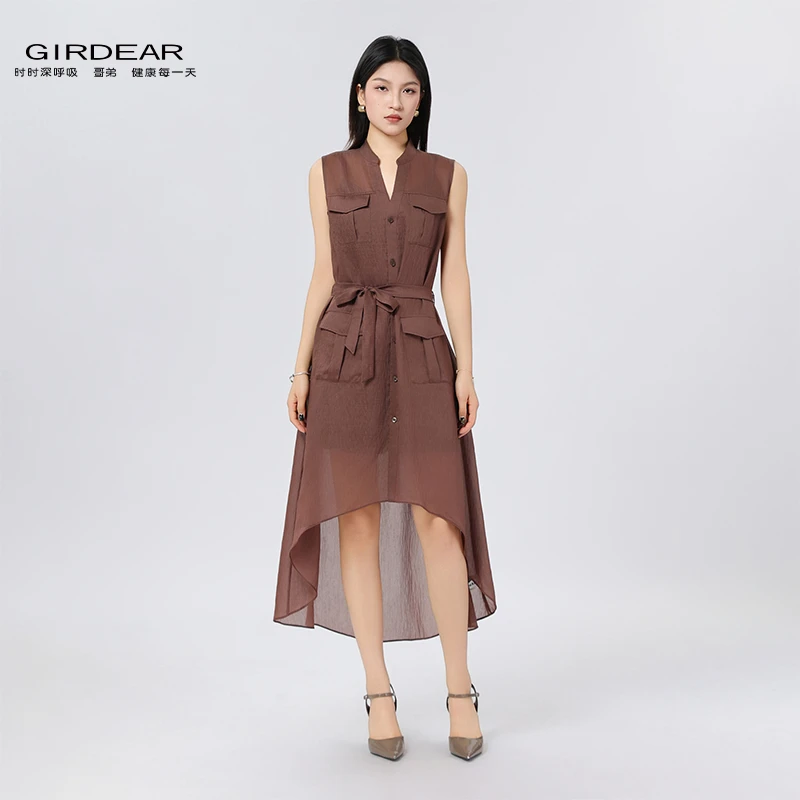 GIRDEAR/哥弟新款立领无袖中长款连衣裙法式收腰高级感衬裙130059