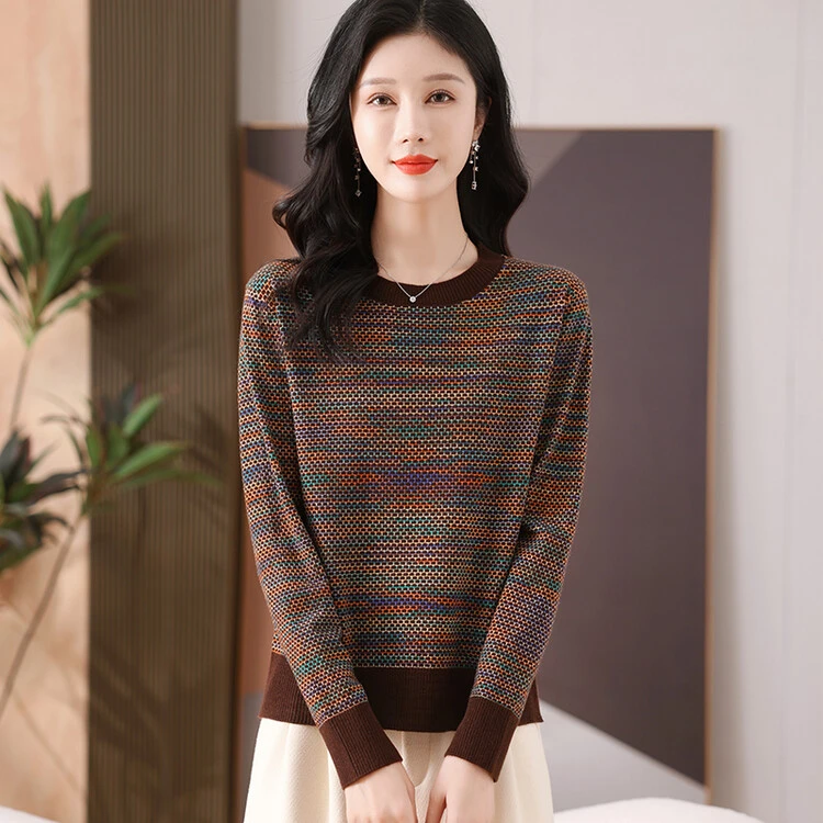 【秋季新品】时尚圆领拼色毛衣女秋冬针织衫短款上衣气质减龄打底衫
