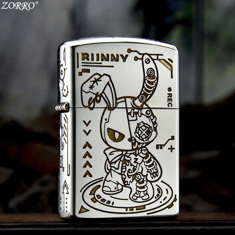 正品ZORRO佐罗镀铬双色机械兔煤油打火机镜面精雕【需自配油】