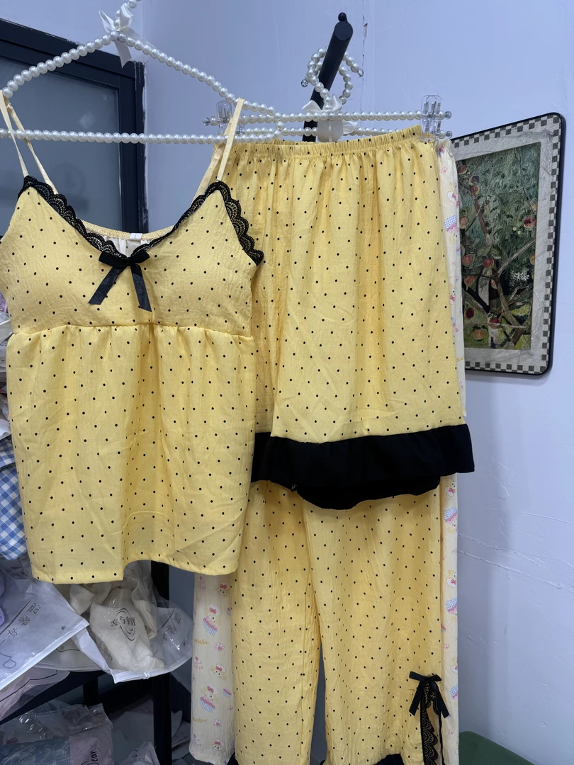 甜美黄色波点吊带长裤睡衣套装可外穿带胸垫