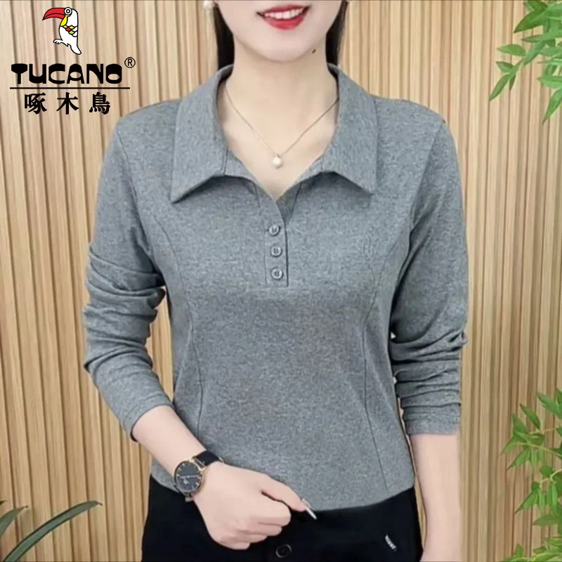 啄木鸟2025春秋新款polo衫短袖t恤女中年妈妈拼接遮肚纯色女上衣