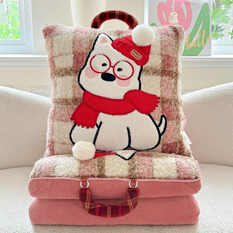 A【双面牛奶绒围巾西高地粉格】加厚二合一两用可折叠易清洗大冬被