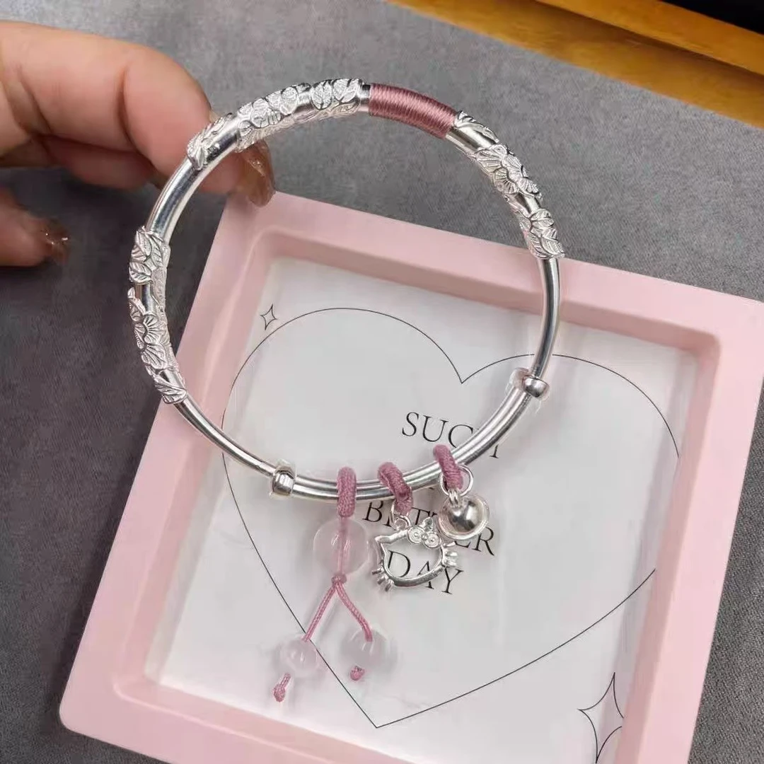 足银手镯 999.9纯银手镯繁花似锦helloKitty送女友七夕情人节礼物