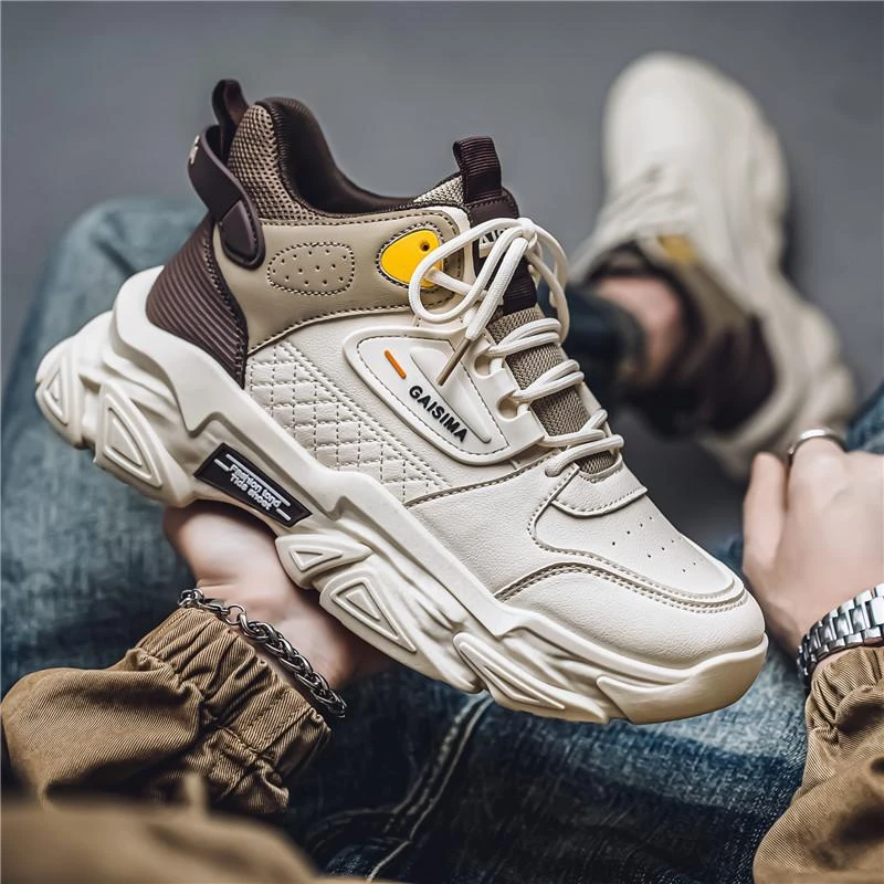 2024秋冬新款厚底增高高帮皮面老爹鞋ins潮流男运动休闲鞋米卡棕
