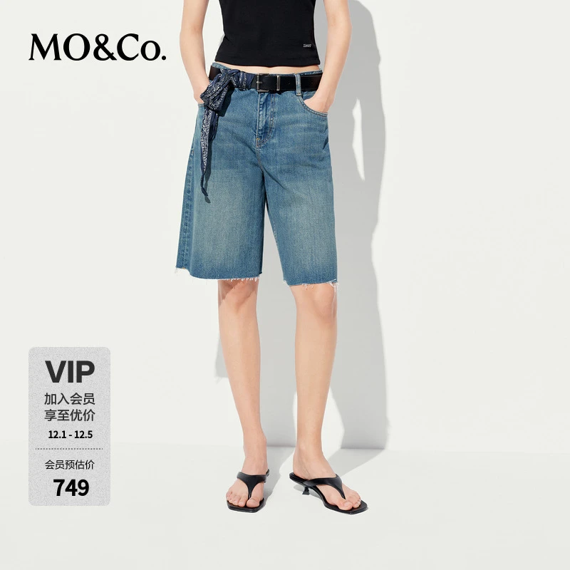 MOCO牛仔裤2025夏新品附丝巾天丝棉洗磨中低腰五分裤MBE2SOT007