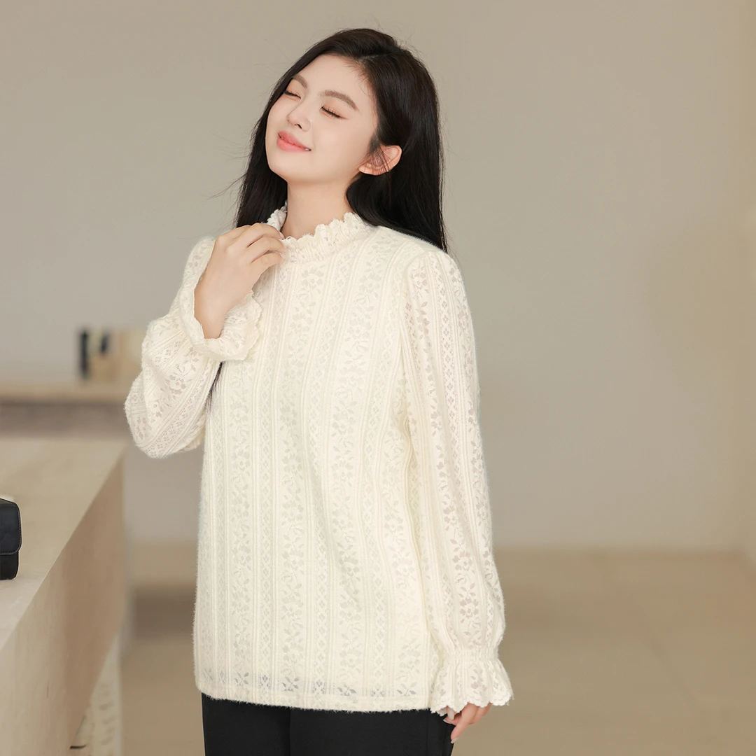 【保暖植绒蕾丝衫】MsShe大码女装冬装木耳边立领打底衫S~F2409016