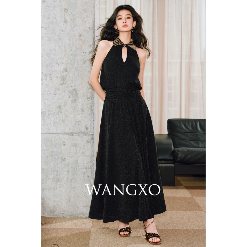 WANGXO  撞色条纹领收腰伞摆显瘦连衣裙   2461766W