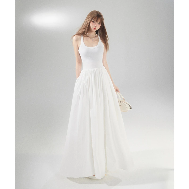 NORNLGGER赫本黑色吊带连衣裙子女夏季修身收腰显瘦拼接蓬蓬长裙