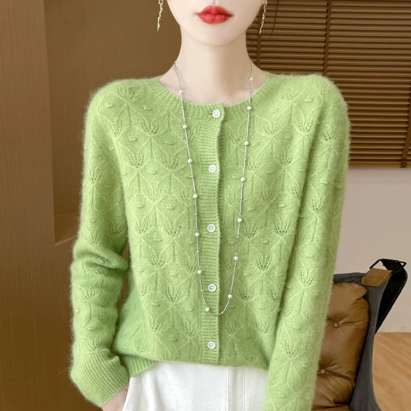 100%纯羊毛开衫女圆领镂空提花针织长袖外套毛衣秋季纯色宽松上衣