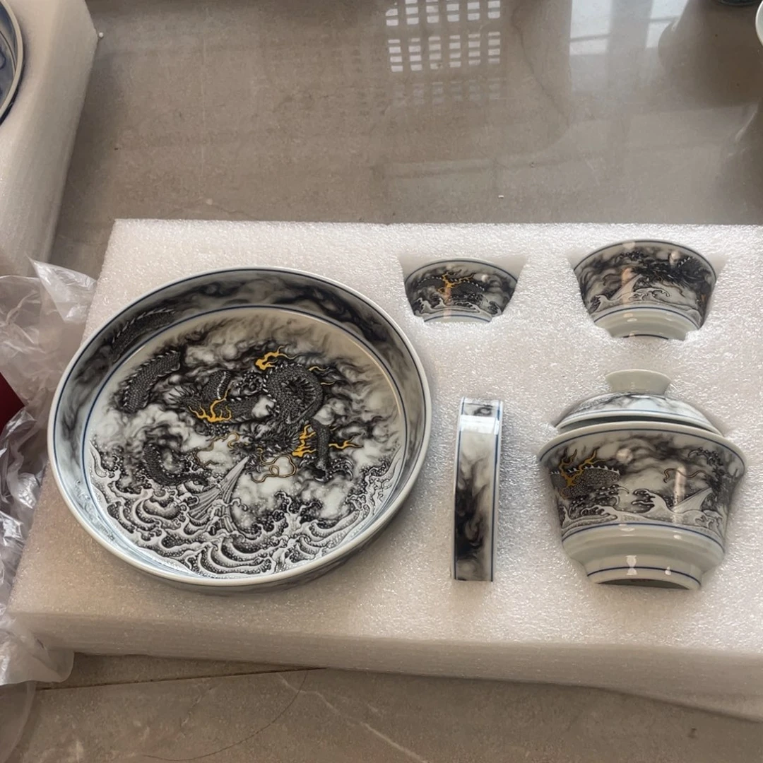 瓷片景德镇黑墨龙游海五件套