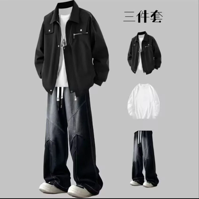 秋冬季新款夹克工装男生套装慵懒风潮牌长袖外套搭配牛仔裤三件套