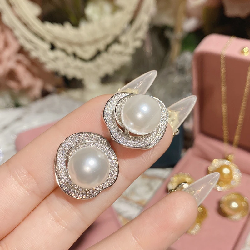 铜合金仿珍珠耳饰 14-15mm白色三生三世山茶花施家贝珠耳钉ESB412