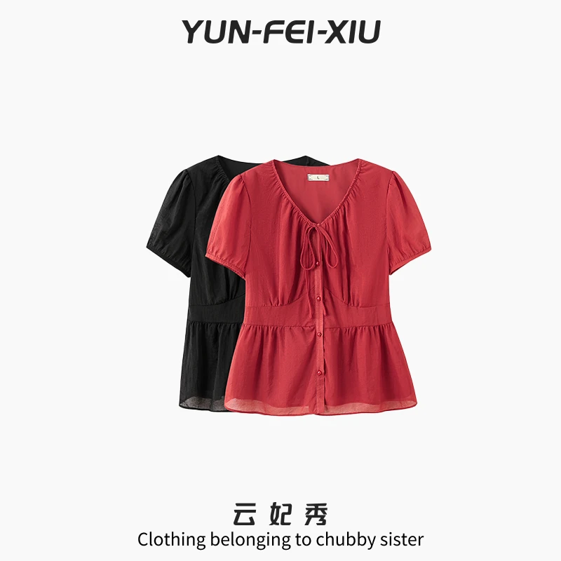 云妃秀大码女装衬衫时尚宽松显瘦遮肉胖妹妹减龄短袖夏季25533