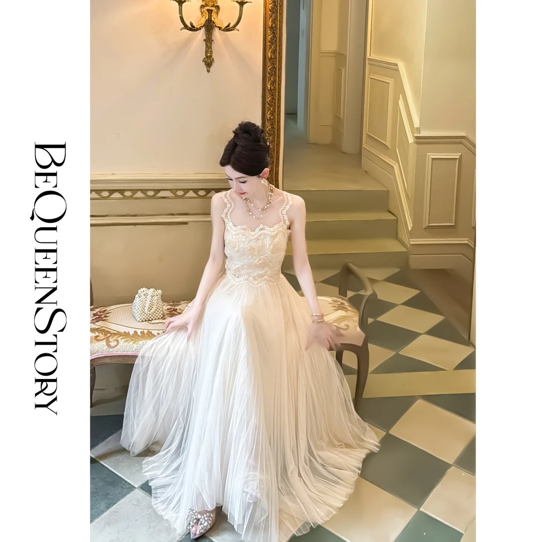 BeQueenStory【奶油玫瑰】2025新款立体花朵网纱压褶大摆裙连衣裙
