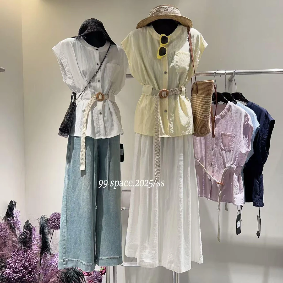 杨杨 99-夏季无袖圆领单排扣时尚衬衫配腰带1177