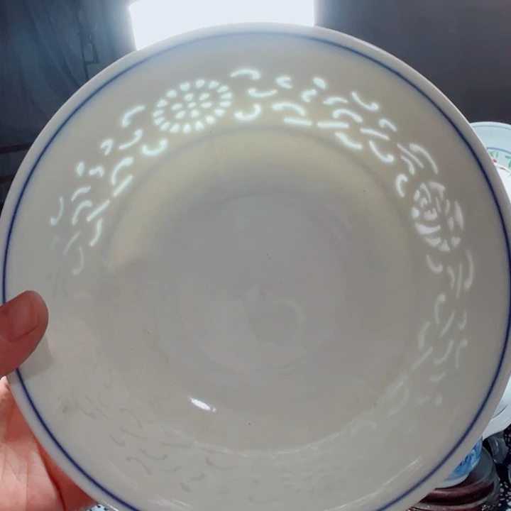 青花玲珑7寸面碗满雕双福双线