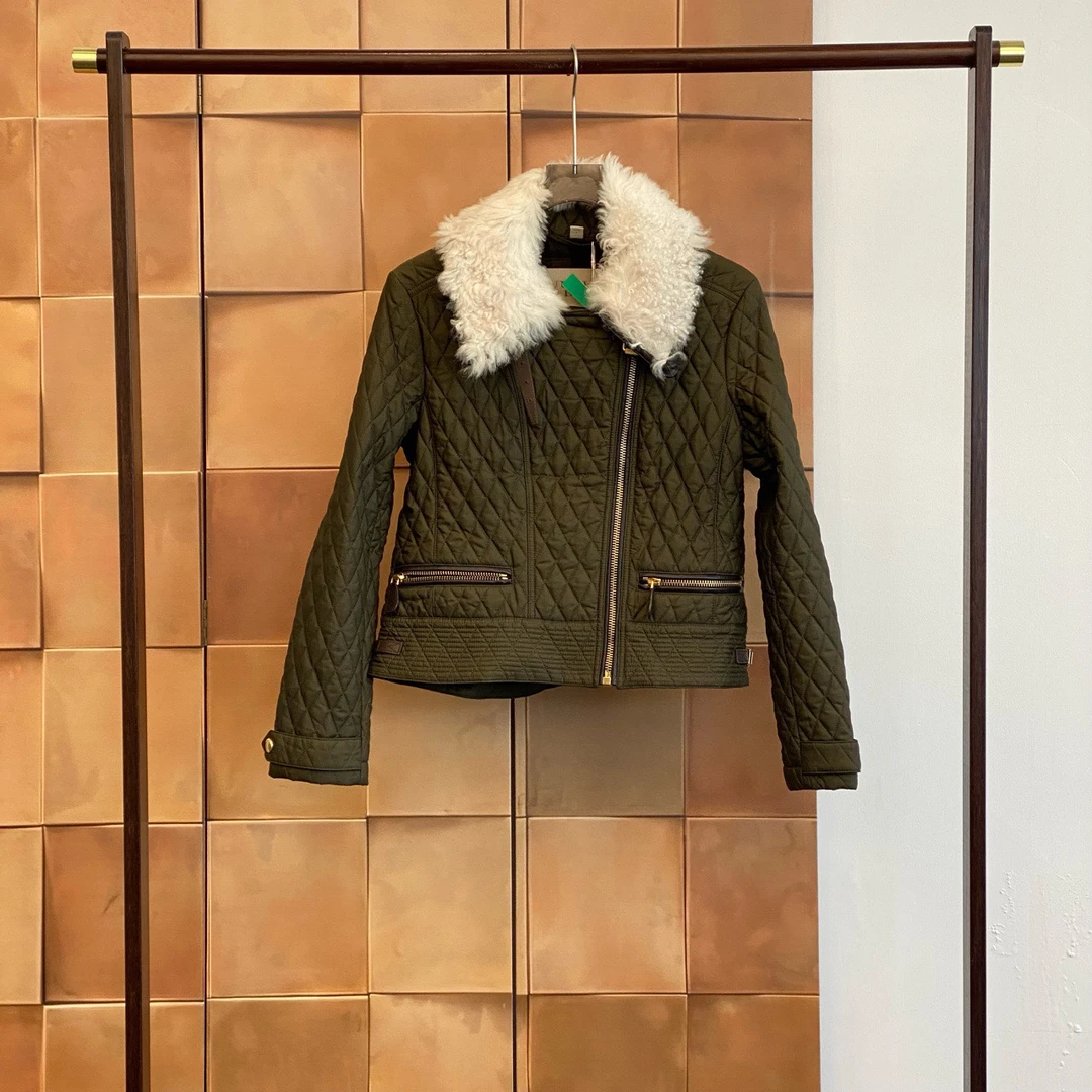 99新 BURBERRY/博柏利 绿色拼皮羊羔毛领棉服外套/L码/99新/27774