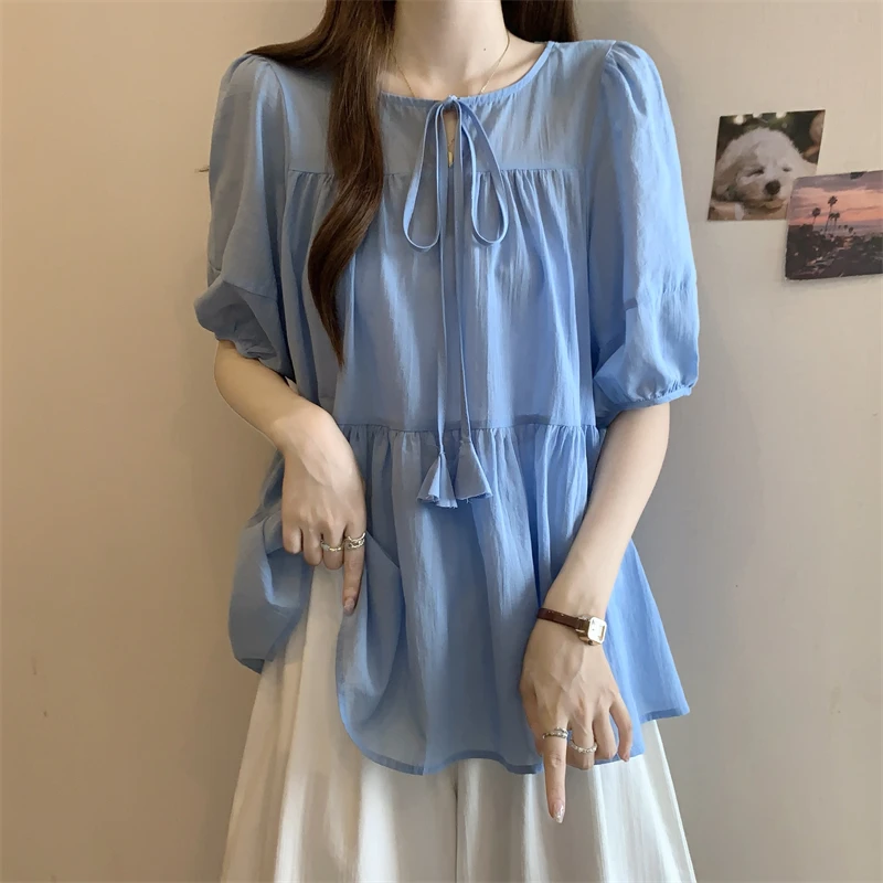 大码夏季新款细带泡泡袖冰丝圆领短袖T恤女微胖妹妹显瘦宽松上衣