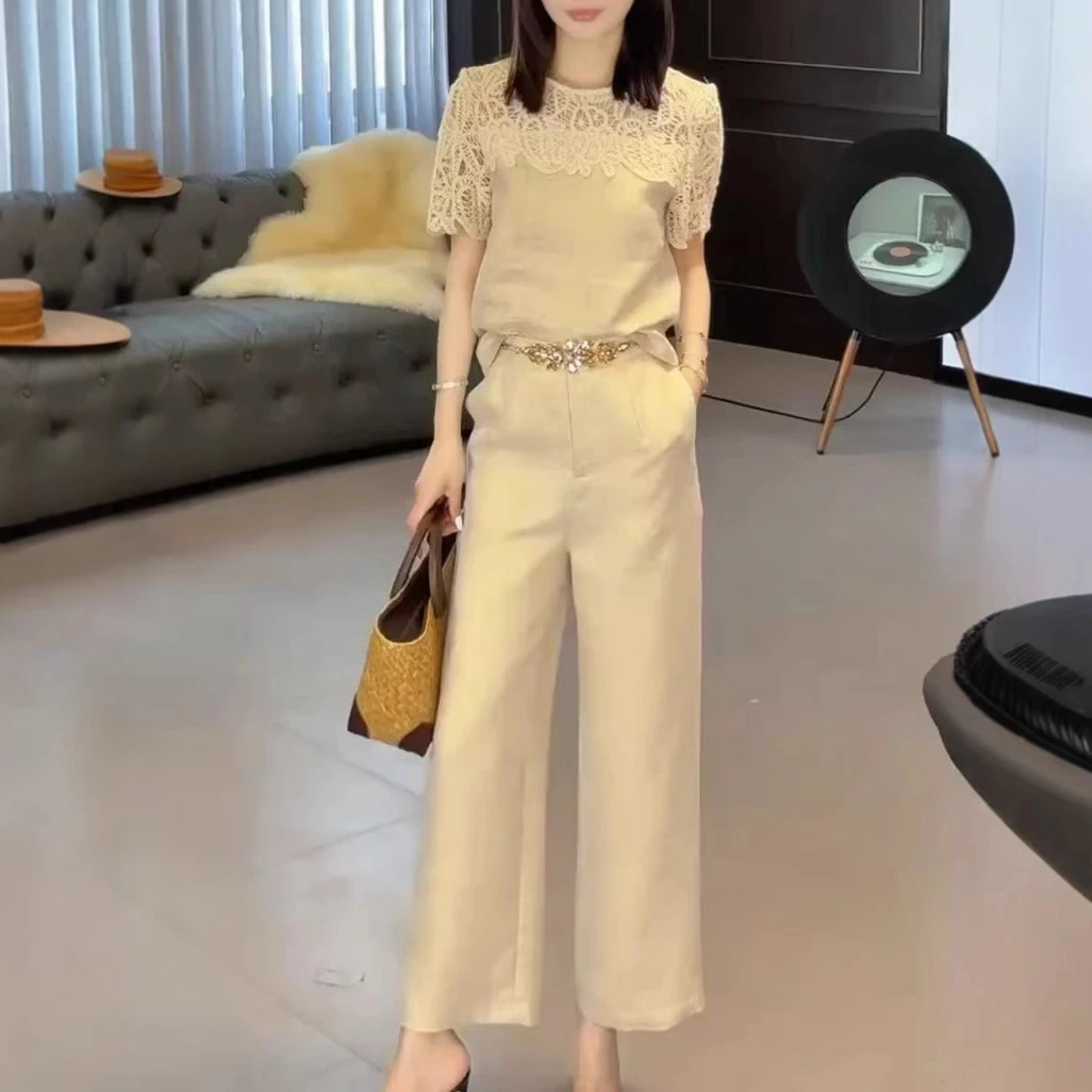 2025夏季新款高级感镂空蕾丝拼接洋气显瘦两件套