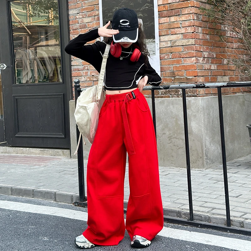 嘻嘻柚】女童春季韩版撞色长袖T恤弯刀裤套装2025新高腰宽松休闲裤
