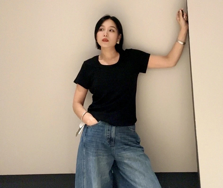 纯色显瘦打底T恤常规款U领弹力短袖设计感修身圆领韩版11006