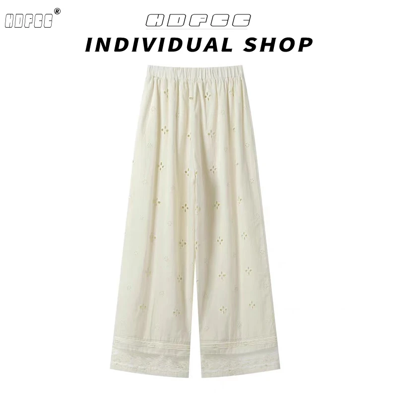 韩系刺绣钩花镂空直筒休闲裤女2025夏季新款蕾丝拼接阔腿长裤裤子