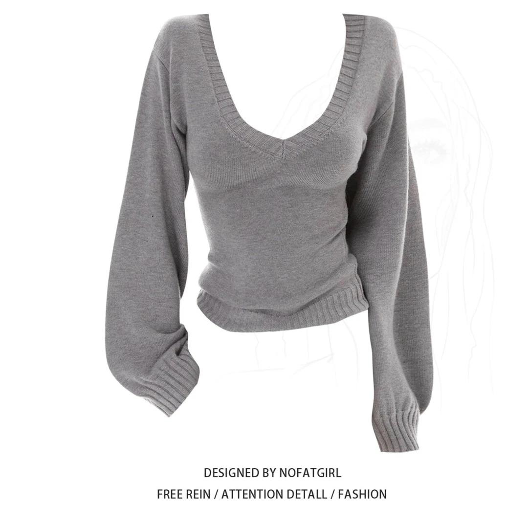 大码胖MM美式辣妹风V领长袖针织衫女秋灰色修身百搭性感毛衣上衣
