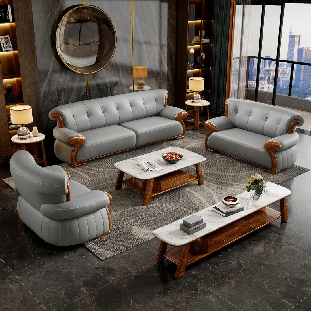 乌金木真厚头层牛皮1234组合新中式别墅沙发高端奢华客厅实木家具