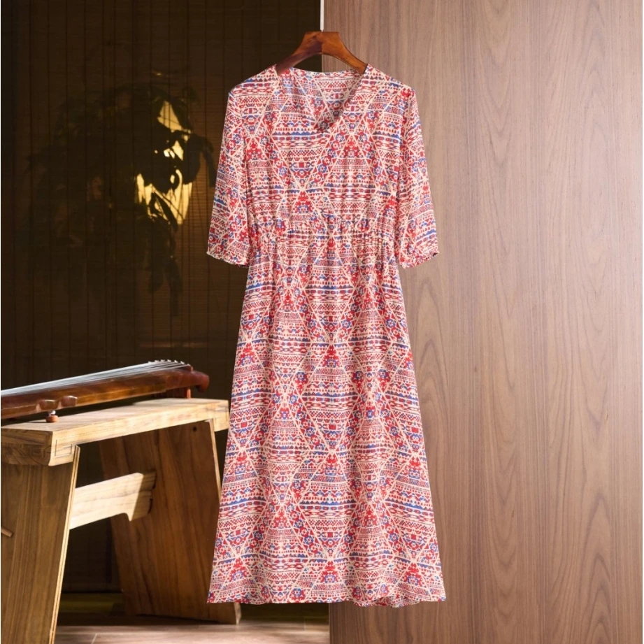 【Dushang】夏季时尚气质减龄优雅真丝桑蚕丝连衣裙LZ2463